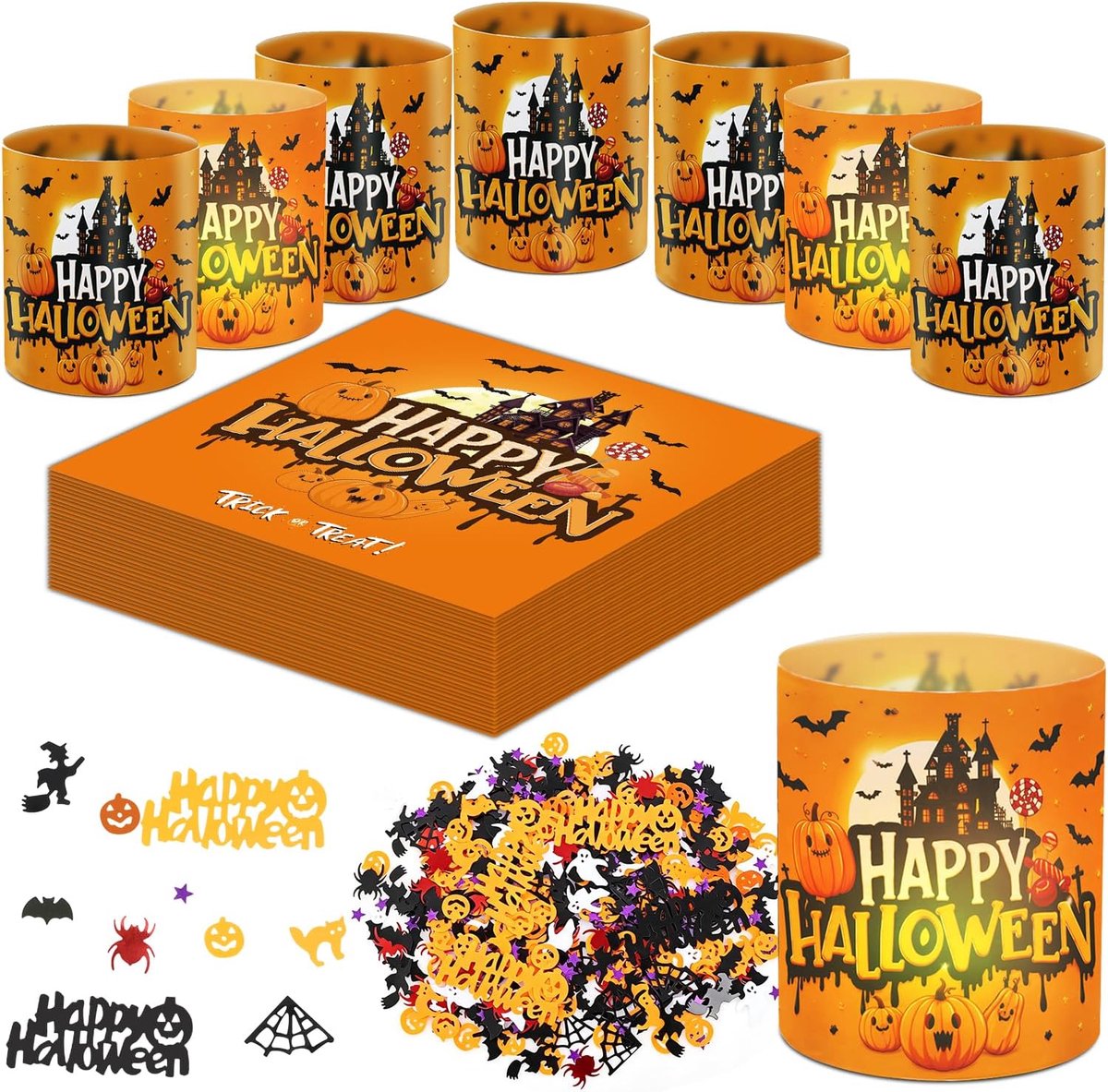 tafeldecoratieset feestdecoratie 20 Halloween servetten 10 windlichten 500 confetti strooidecoratie tafeldecoratie met griezelig pompoen spinnenwebpatroon voor Halloweenfeest