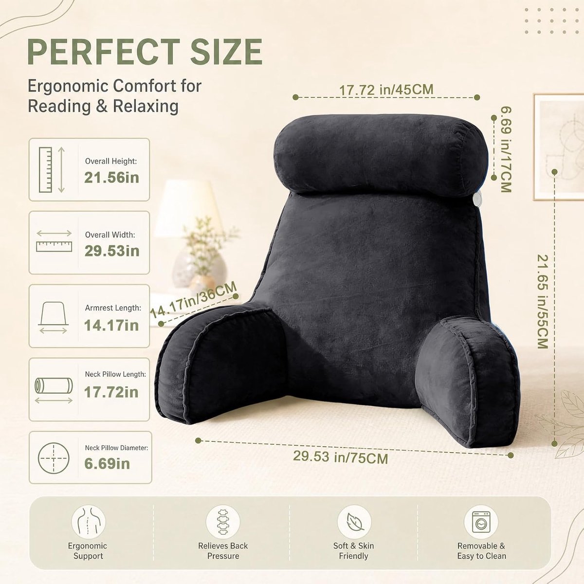 Leeskussen voor bed en bank, rugkussen, zitkussen met rugsteun met polssteun, armleuningen en rugsteun, rugkussen voor bed voor bedrust, lezen, luieren, tv kijken, zwart