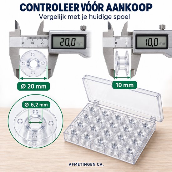 Afmetingen van lege naaimachine spoelen: 20mm diameter, 10mm breed, 6,2mm gat.