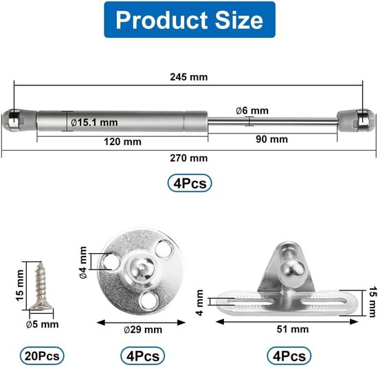 Hydraulische gasveer set van 4 stuks, 200 N/20 kg, inclusief ventielbevestigingen voor optimale ondersteuning — afbeelding 5