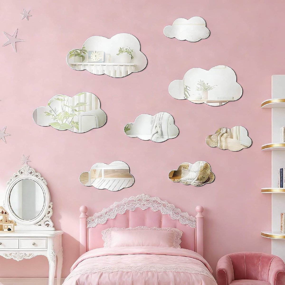 Maan en wolk spiegel wanddecoratie, acryl zelfklevende decoratieve stickers met sterren voor baby, kinderen, kinderkamer, slaapkamer, woonkamer, kinderkamer