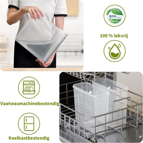 Een persoon die een doorzichtige voorraadcontainer vult met water. Twee lege containers worden in een vaatwasser geplaatst. Iconen tonen 'BPA-vrij', '100% lekvrij', vaatwasser- en koelkastbestendig.