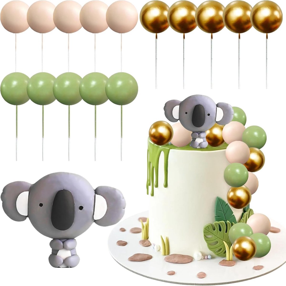 16 Delen Koala Cake Decoraties voor Verjaardagsfeest, Baby Shower en Feestelijke Taarten met Dieren Toppers en Ballen
