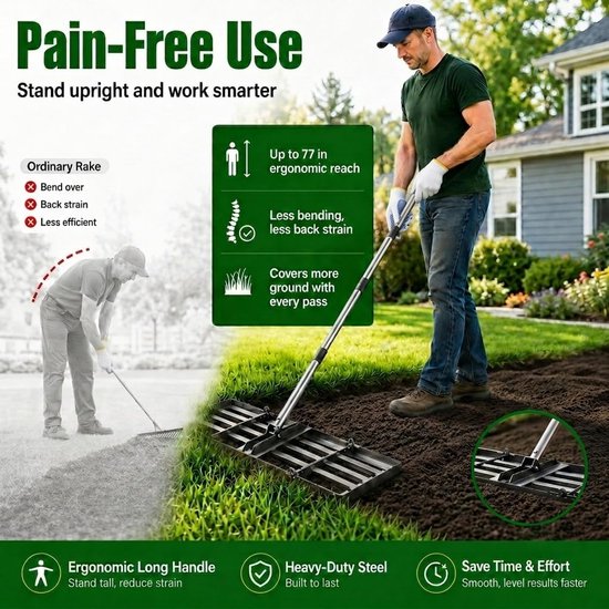 76 x 25 cm met 85-195 cm verstelbare steel - Zware ijzeren kop, opvouwbaar tot 40 x 25 cm, verdeelt zand, aarde en compost gelijkmatig, voor tuin en golfbaan — afbeelding 5