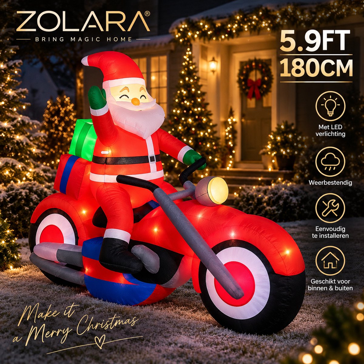 Zolara Opblaasbare Kerstman op Motor 180 cm - Kerstversiering Buiten - Kerstdecoratie - Inclusief Verlichting en Bevestiging - Kerst - Christmas decorations