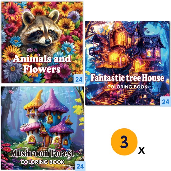 Set de 3 livres de coloriage : "Animals and Flowers", "Fantastic tree House", "Mushroom Forest"