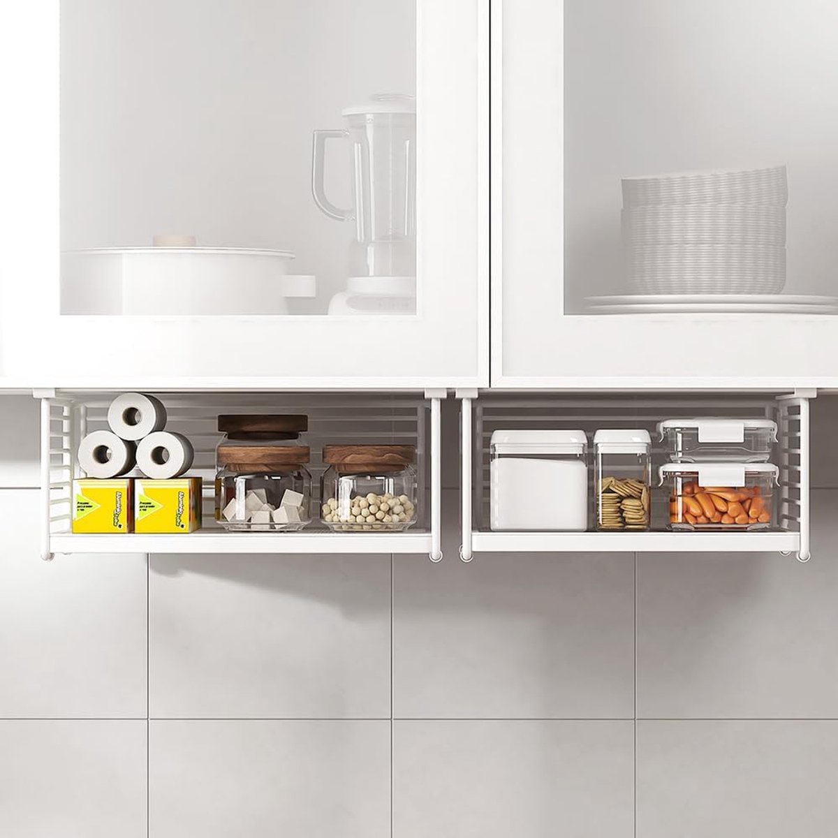 Organizer, afneembare mand onder plank, metalen opknoping onder bureau mand voor wasruimte, kast, schoenenbank, kast