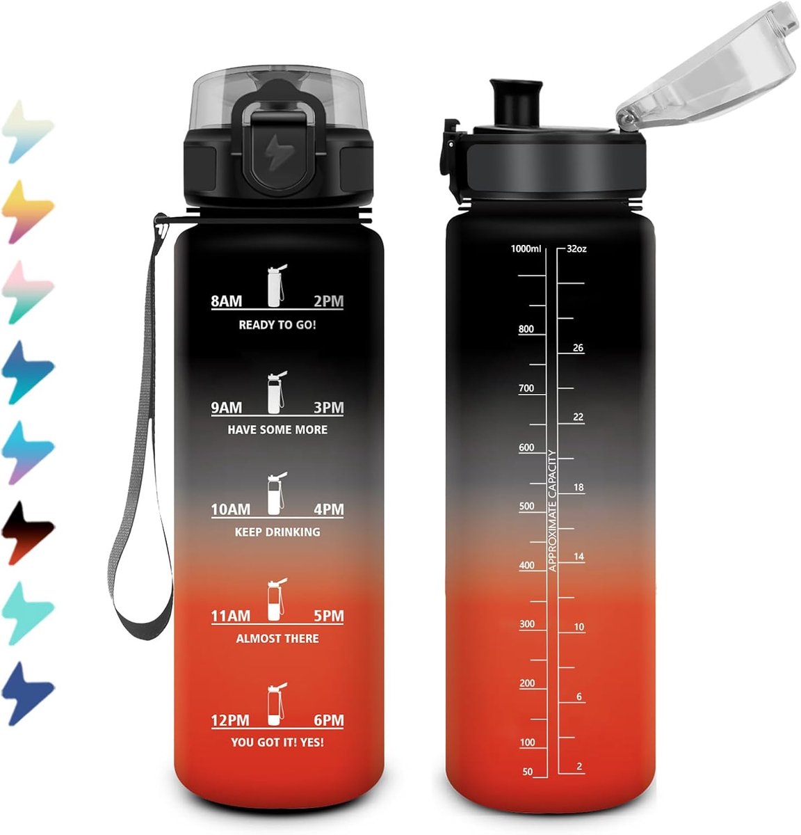 Drinkfles, 1 liter, motiverende drinkfles met tijdmarkering, lekvrij, waterfles met filter, geschikt voor koolzuurhoudende dranken, sportfles voor bubbels, fietsen, hardlopen, volwassenen, yoga