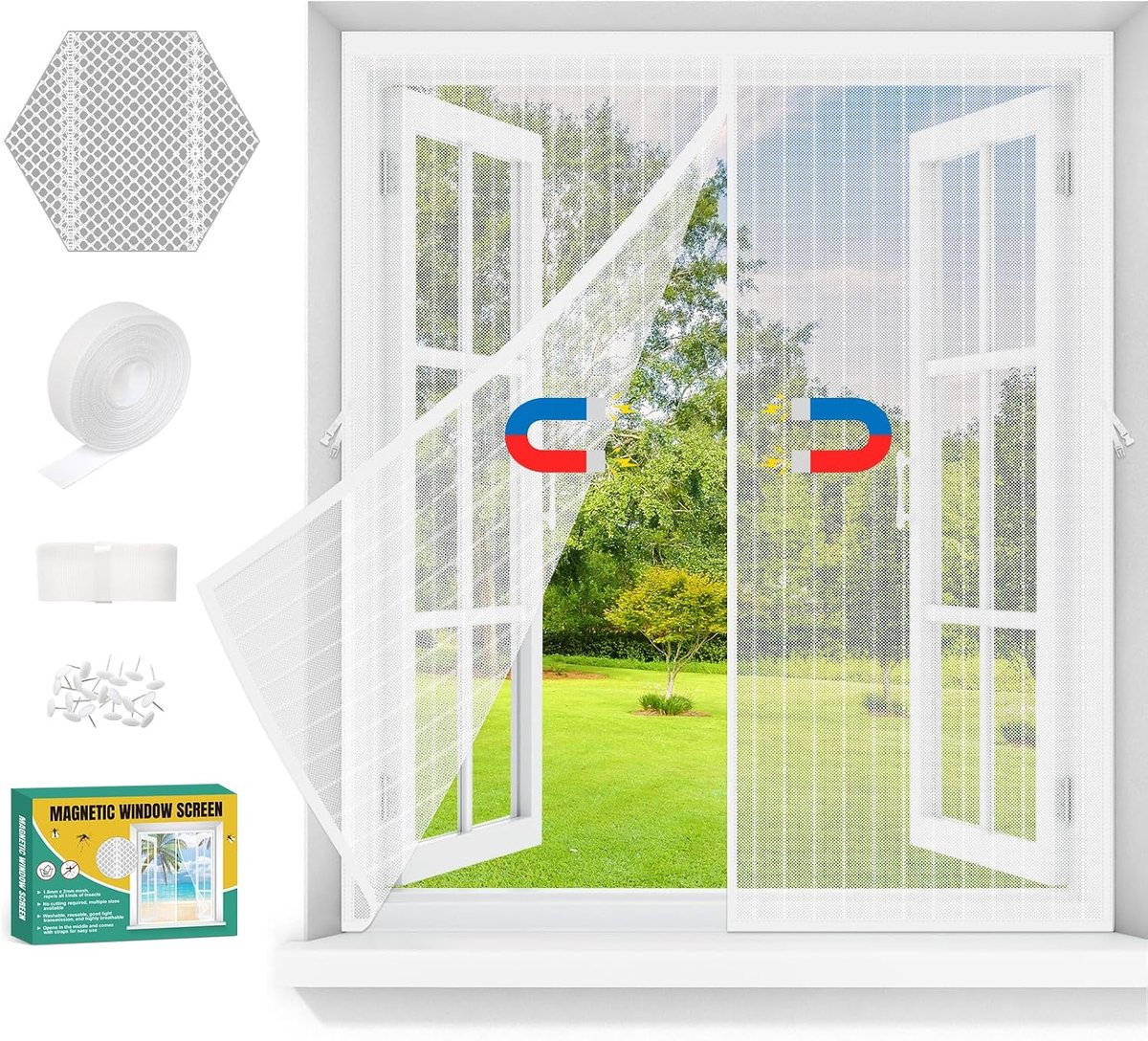 raam magneet, insectenbescherming voor ramen met klittenband, muggenbescherming magnetisch zonder boren, muggennet, muggennet, vliegengaas, Mosquito Net Window met frame (wit, 120x110)