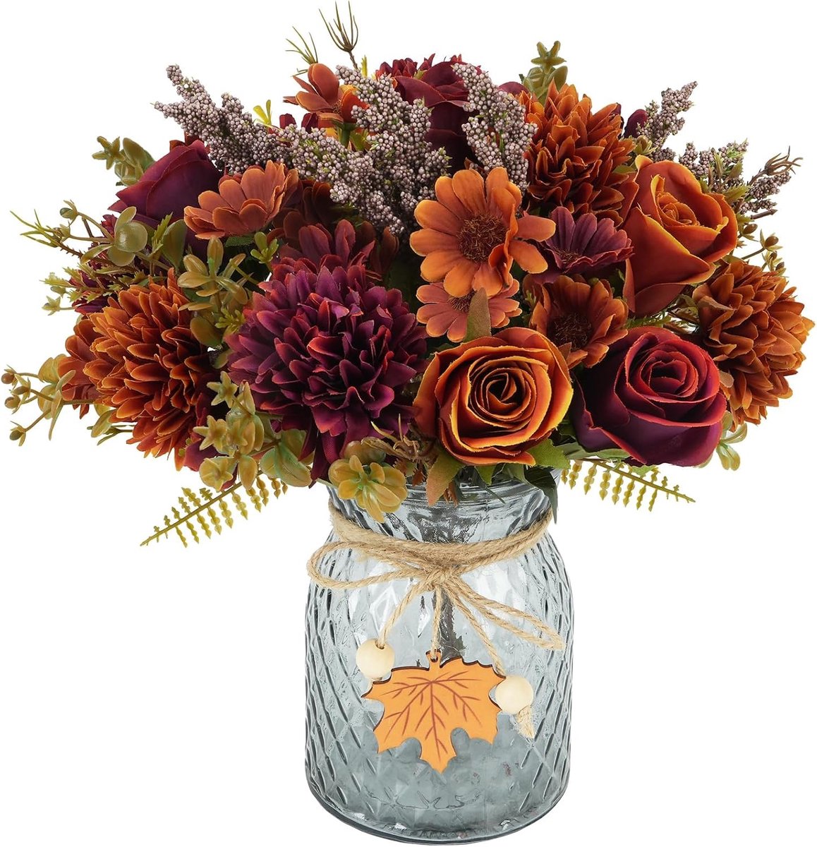Kunstbloemen oranjerode roos madeliefjes en bolchrysant + 1 grijze glazen vaas