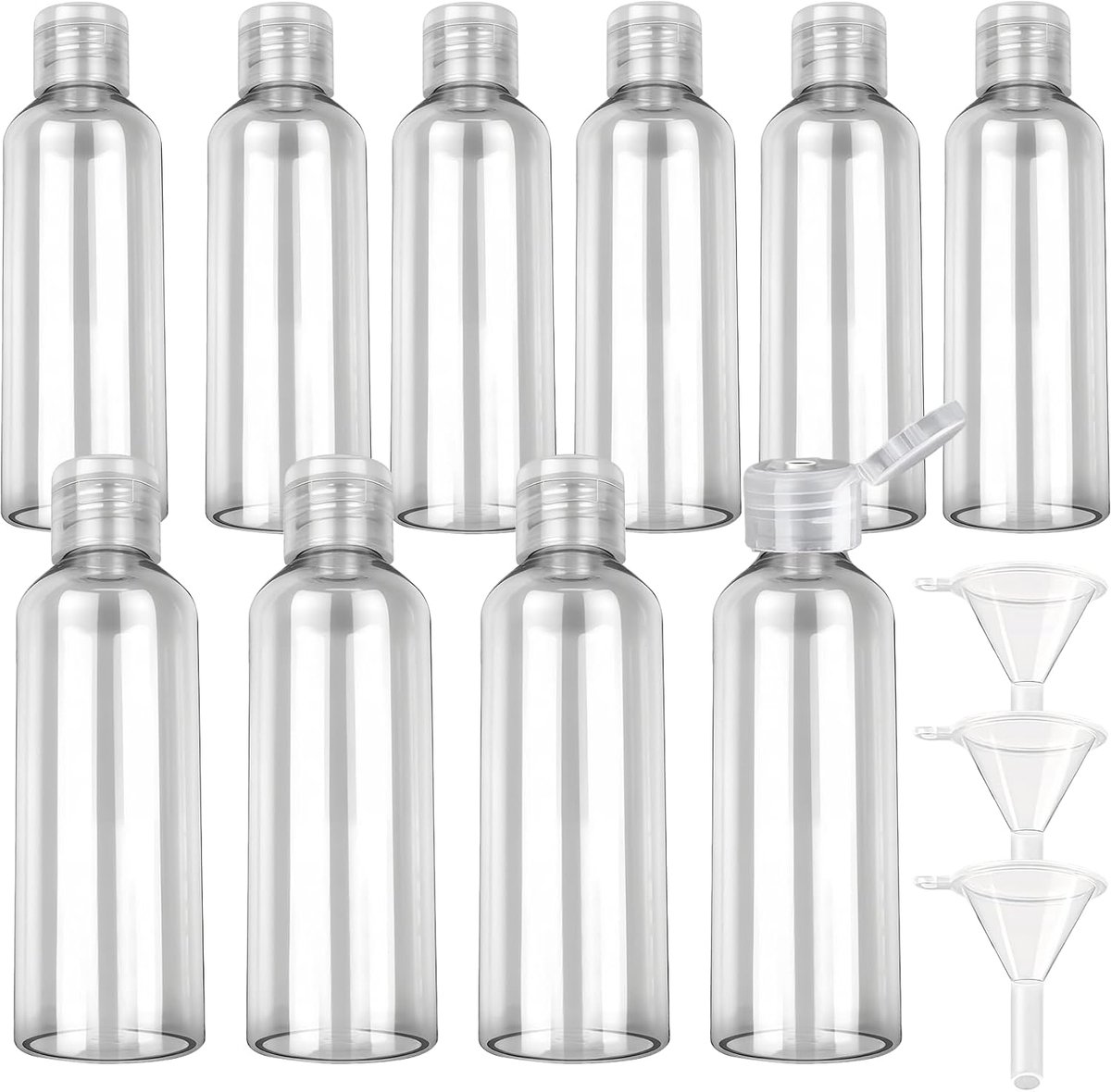 10 stuks reisflessen 100 ml met 3 trechters, lege transparante flessen voor cosmetica, lotions, shampoo, douchegel, navulbare containers voor reizen en vakantie