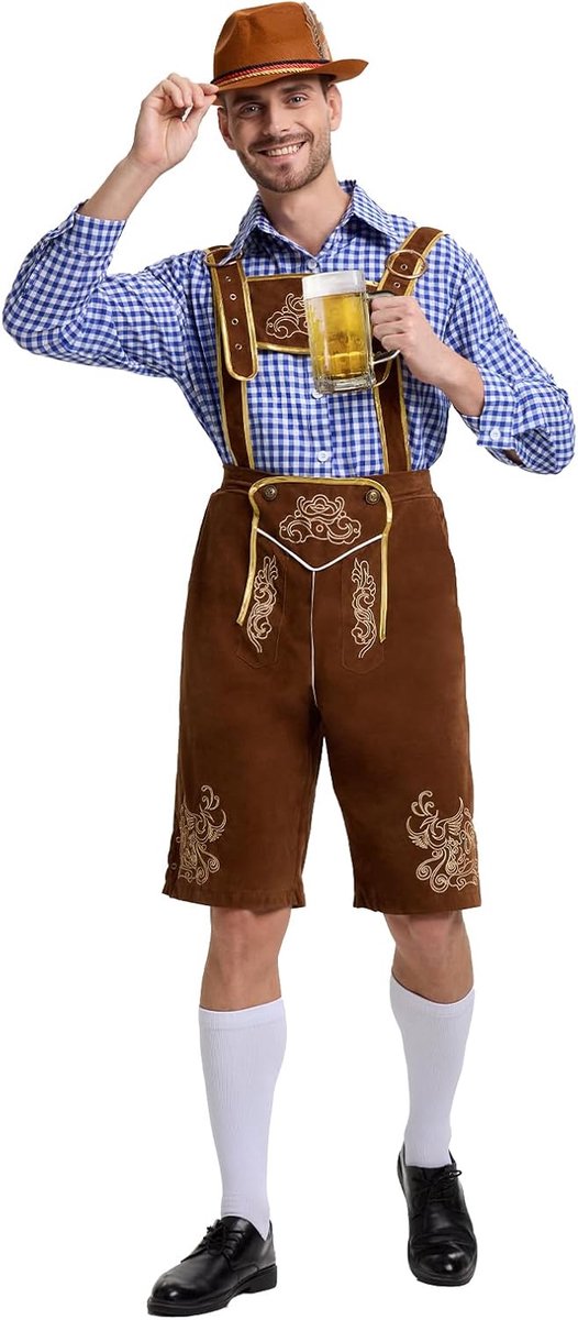 herenoutfit, Duits Beierse Oktoberfestkostuum voor heren, Beierse kledingset met afneembare slabbetjes, overhemden, kniekousen en Beierse vilten hoeden