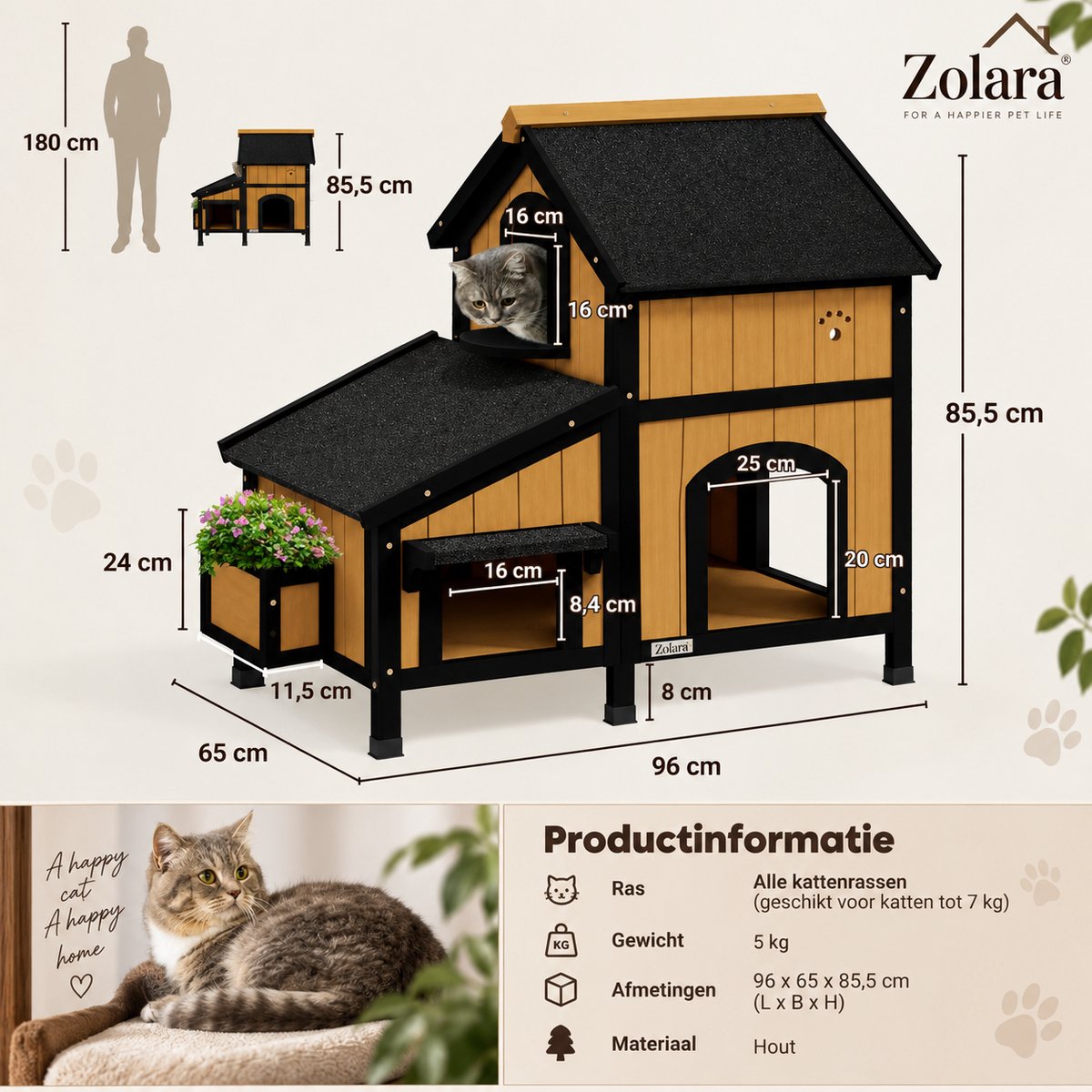 Zolara Kattenhuis Buiten - Houten Kattenhuis - 2 Verdiepingen - Schuin Dak - Meerdere Ingangen - Bruin - Dierenhuis