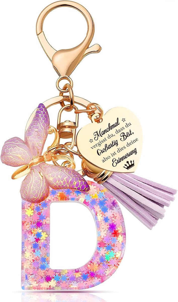 Sleutelhanger met initiële brief, vrouwen kwastje vlinder hanger roze paars schattige autosleutelhanger, paars en goud hars alfabet sleutelhanger voor portemonnee, gepersonaliseerde