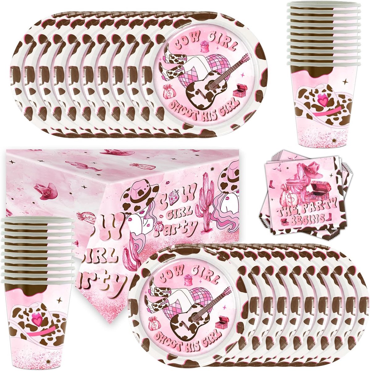 feestservies, kinderverjaardag, decoratie, papieren borden, bekers, servetten, tafelkleed, roze west, cowgirl, feestservies, meisjes, denim, eettafel, decoratie