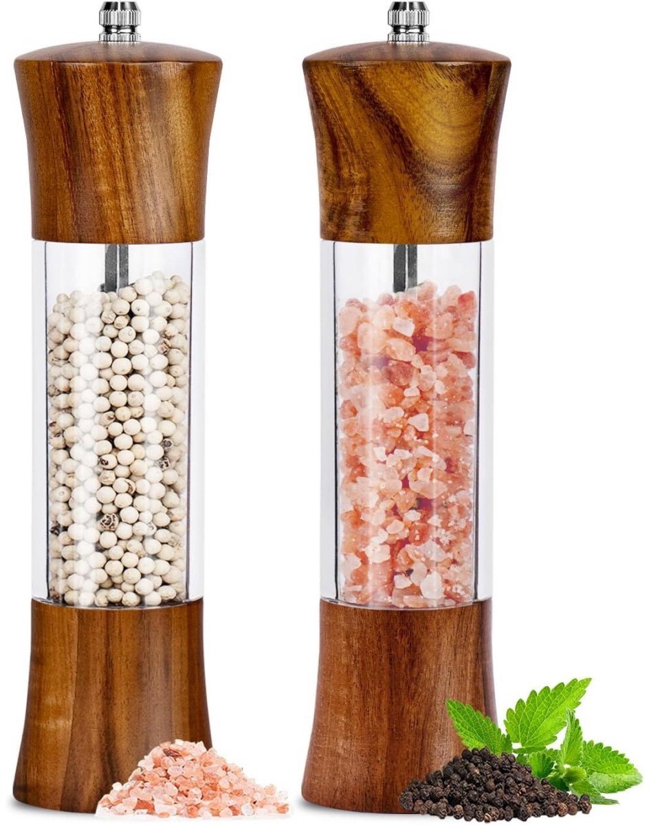 SSTRWGOOD Houten zout- en pepermolenset – 2-delige set – Handmatige molens – Voorzien van duurzaam, instelbaar keramisch maalmechanisme en behuizing van transparant acryl