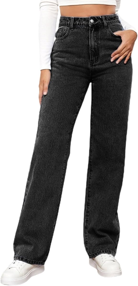 Jeans met hoge taille, rechte pasvorm, baggy jeans, wijde pijpen, afslankend, met alle broeken, herfst, winter, elastisch, klassiek, denim