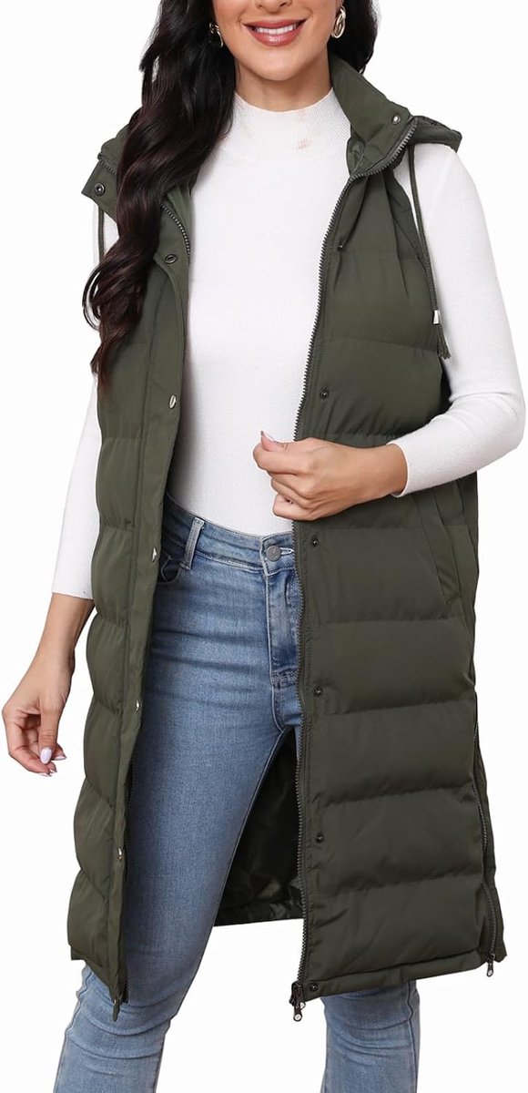 vest voor dames, mouwloos, winter, lang donsvest, lichtgewicht, warme jas met ritssluiting en capuchon