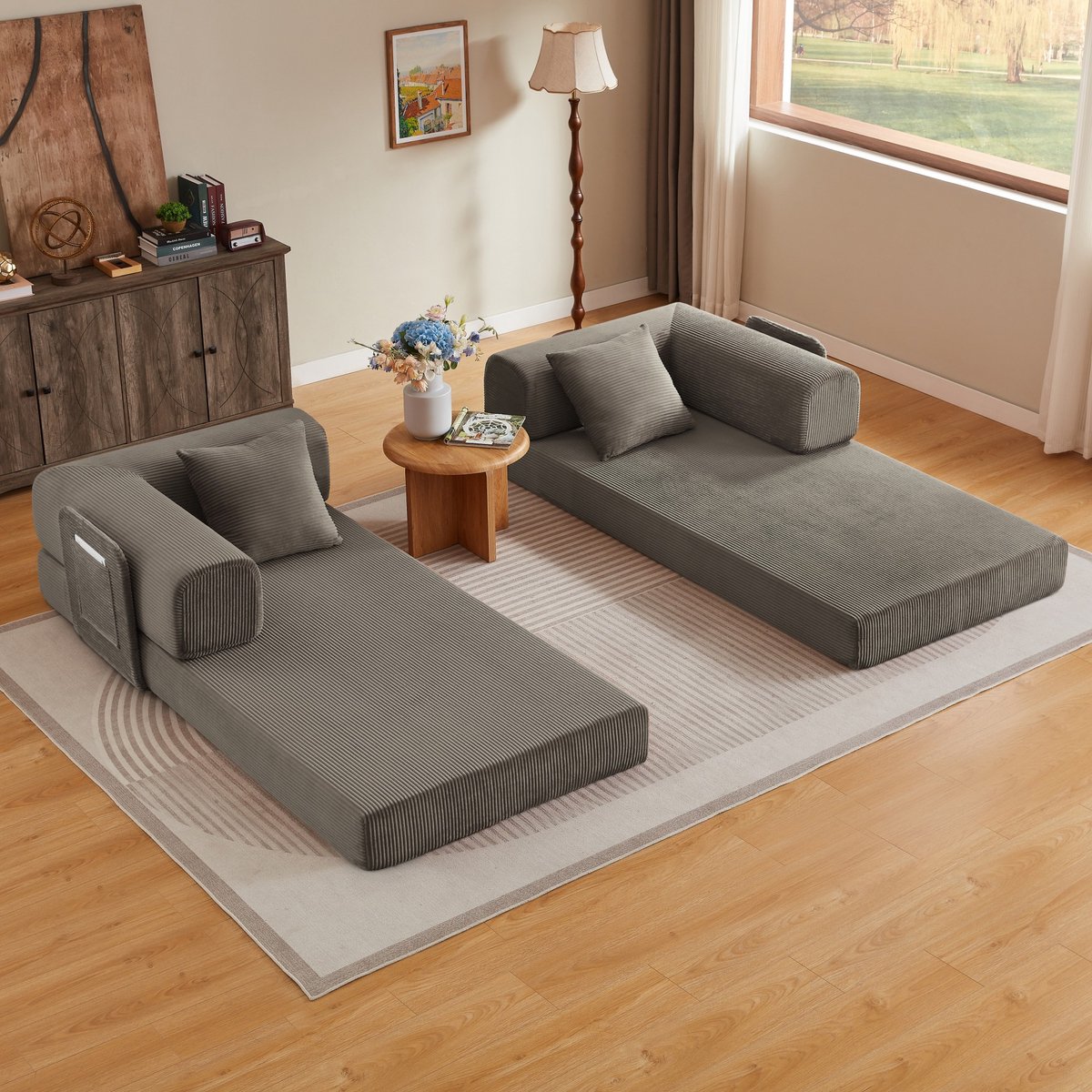 Vloerloungesofa 3-Zits Met Slaapfunctie – Koudschuim En Metalen Frame – Corduroy – Taupe – Ruimtebesparend Voor Woonkamer