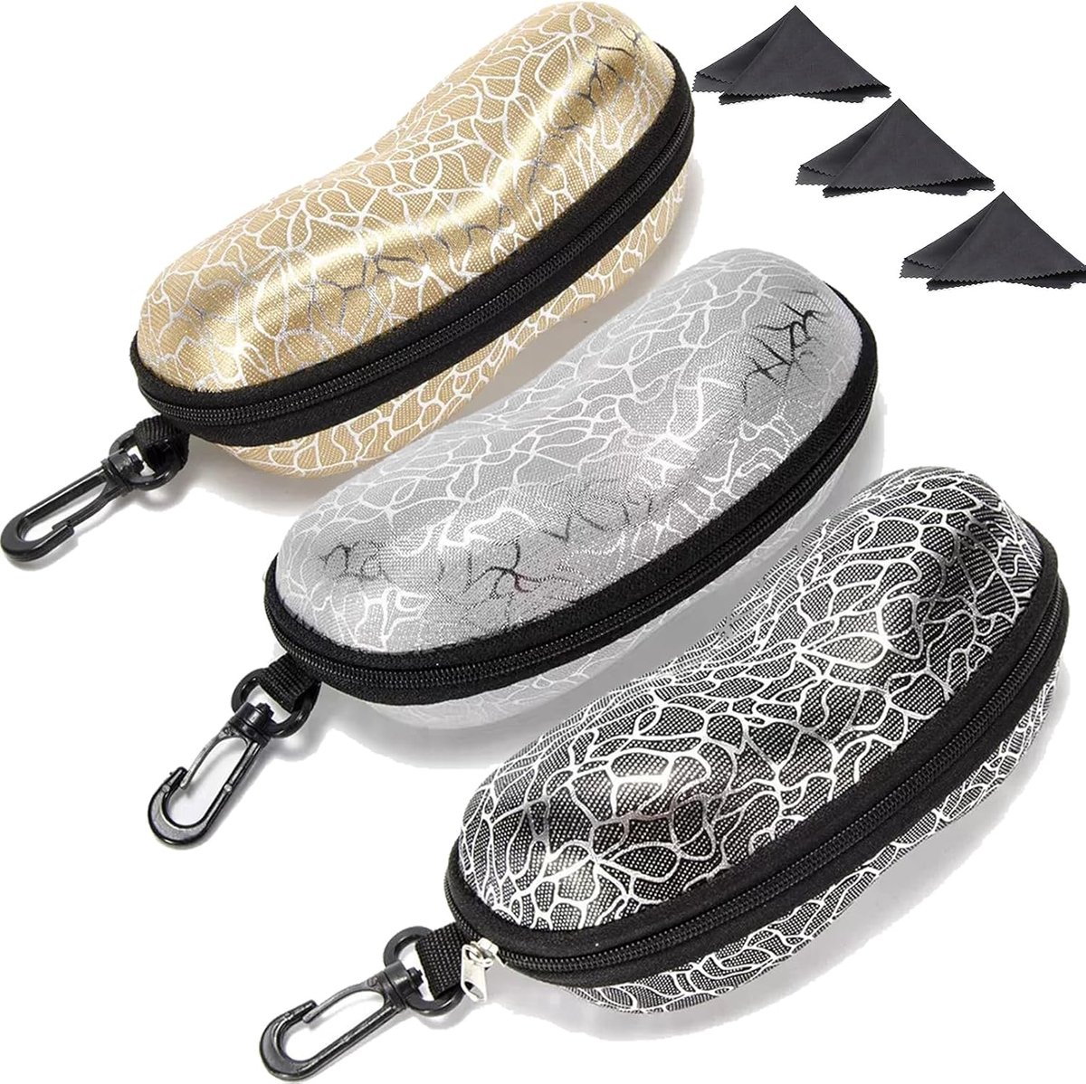 3 Pack Zonnebrillenhoesjes met rits en haak, Zacht fluweel leer, Brillenorganizer, Pinda Lightning Patroon, Zwart/Zilver/Goud