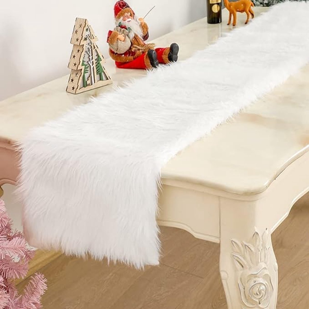 Tafelloper voor Kerstmis, imitatiebont, besneeuwde witte tafeldekking, kerstdiner, decoraties, wasbaar, winter, pluche tafeldekking voor Kerstmis, bruiloften, feesten (120 cm)
