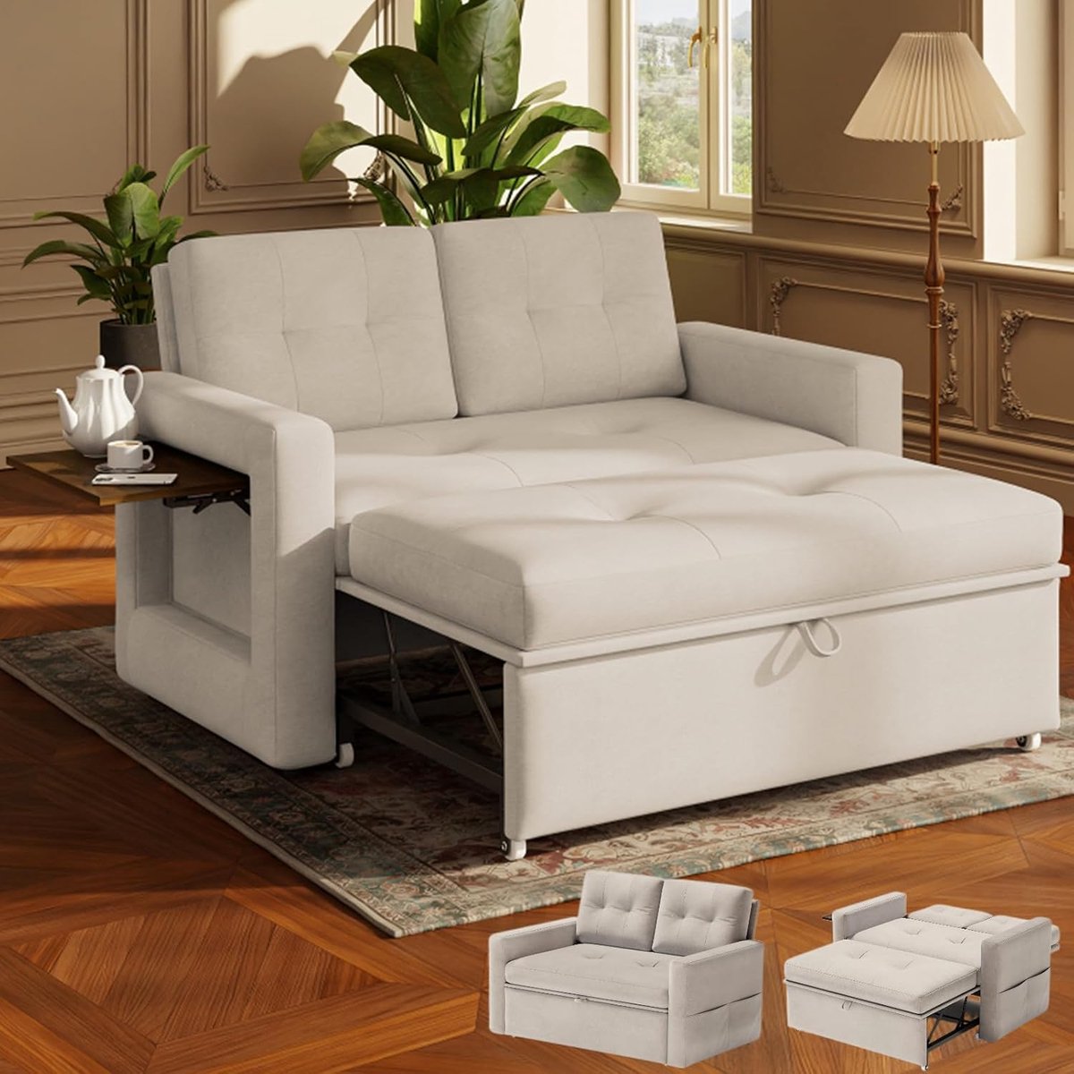 Slaapbank 3-in-1, Relaxfauteuil met salonfunctie, Slaapbank met verstelbare rugleuning in 5 standen, Slaapbank 2-persoons met tafel en zijzakken, Chenille Beige