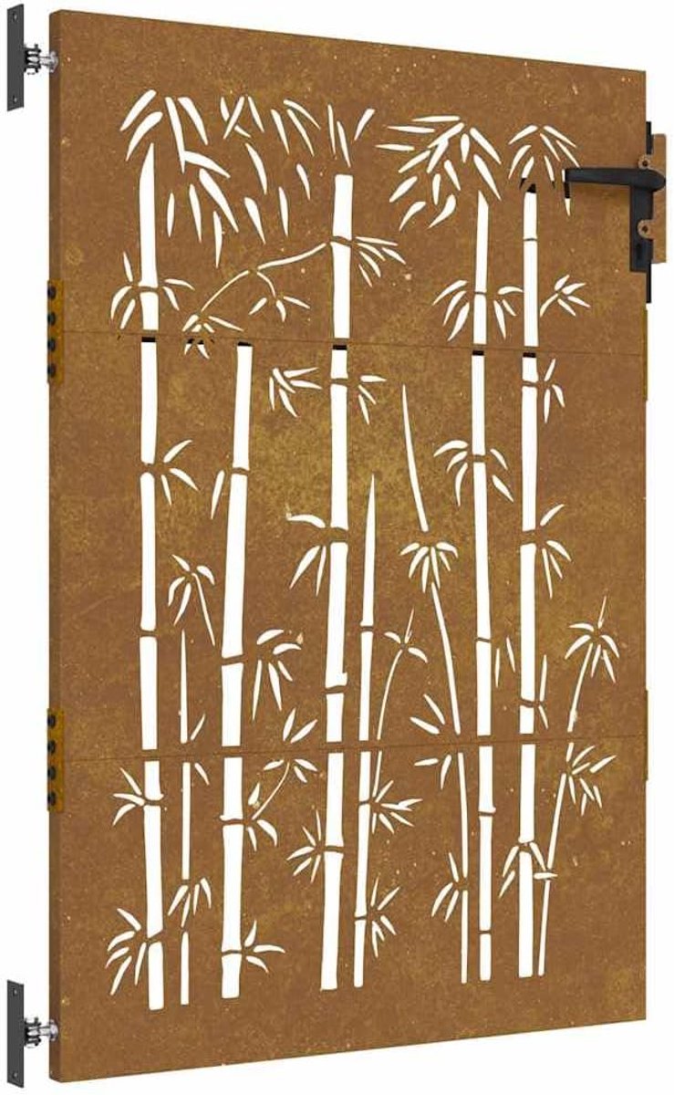 Tuinpoort 85 x 125 cm afsluitbaar met lasergesneden bamboe design, weerbestendig metalen hek voor tuin en terras, roest natuurlijk en onderhoudsvrij