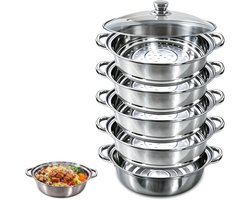 28 cm, roestvrij staal, 5 etages, grote stoompan, geschikt voor inductie, stoompan met stoominzet, extra grote steamer pot voor familie, groenten en mantowarka, stapelbaar
