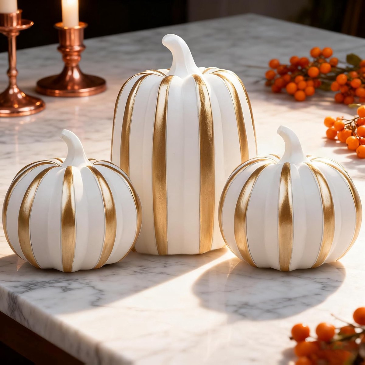 3 STKS Hars Pompoen Standbeelden Herfst Pompoen Decor Thanksgiving Decoraties Wit en Goud Glitter Pompoenen voor Tafel Middenstuk voor Boerderij Herfst Gift Keuken Mantel