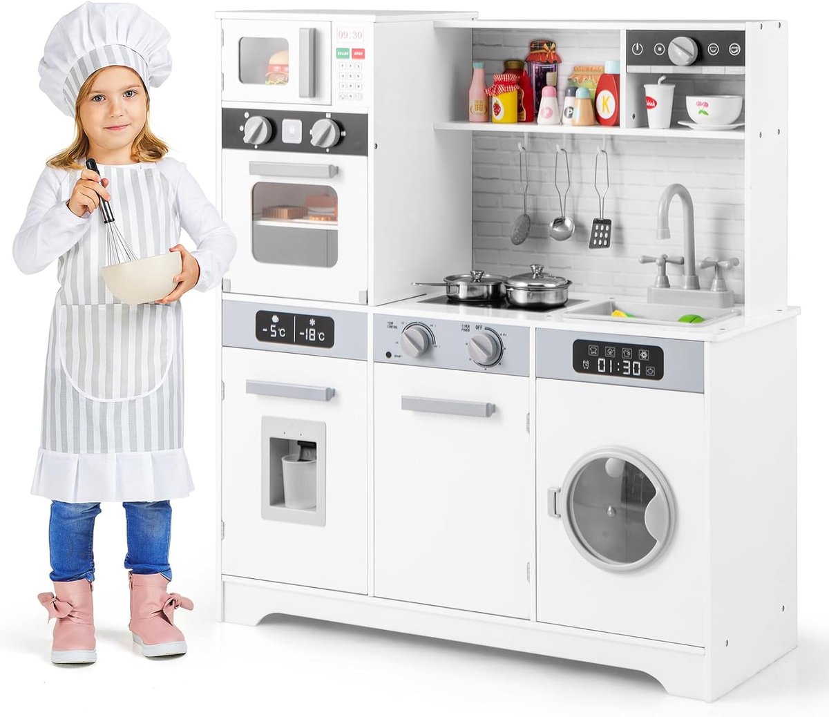 Kinderkeuken van hout, speelgoedkeuken met wasmachine, spoelbak, waterkraan, waterdispenser, magnetron, oven, gebruiksvoorwerpen, speelkeuken met licht en geluid, voor kinderen jaar