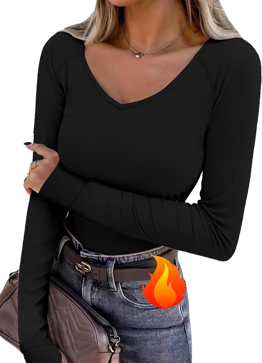 Thermisch T-shirt voor dames, lange mouwen, V-hals, elastisch, met duimgaten, sporttop voor de winter, voor hardlopen en fitness
