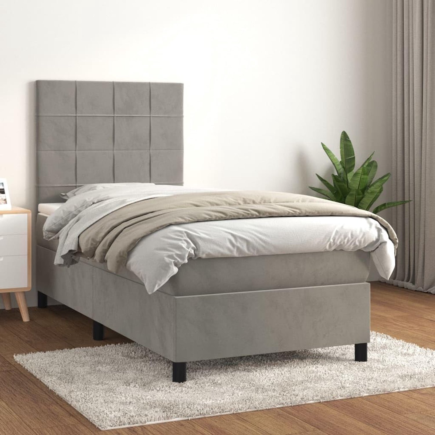 Boxspringbed met matras, lichtgrijs, 90 x 190 cm, fluweel, hoofdbord, in hoogte verstelbaar, pocketvering, matrasbeschermer, huidvriendelijk, voor een goede nachtrust en medium hard