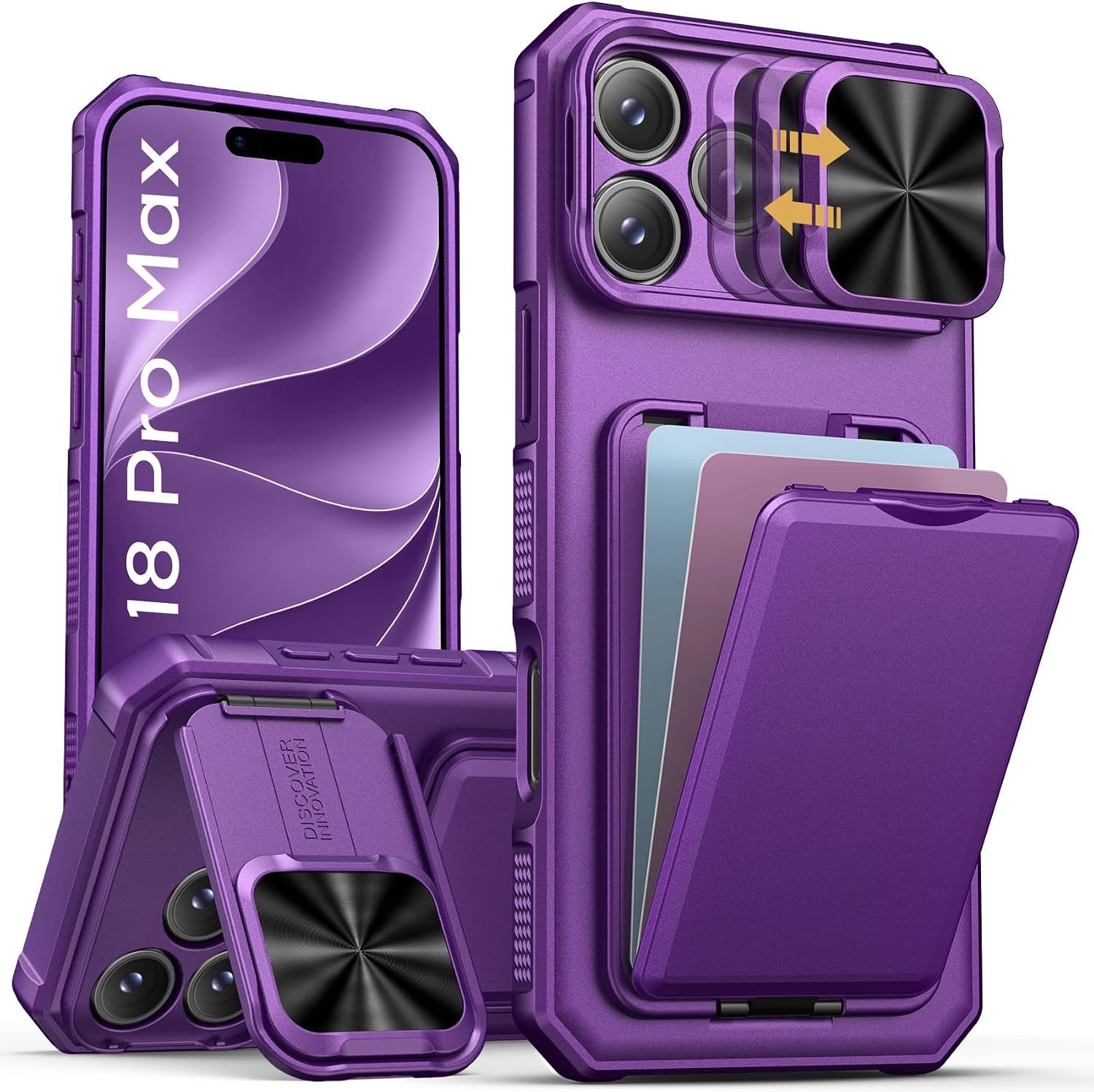 Zandarix Hoesje Geschikt voor Apple iPhone 18 Pro Max - Schuifbare Cameralens bescherming - Militaire Valbescherming - Kaarthouders - Back Cover Hoesje - Paars