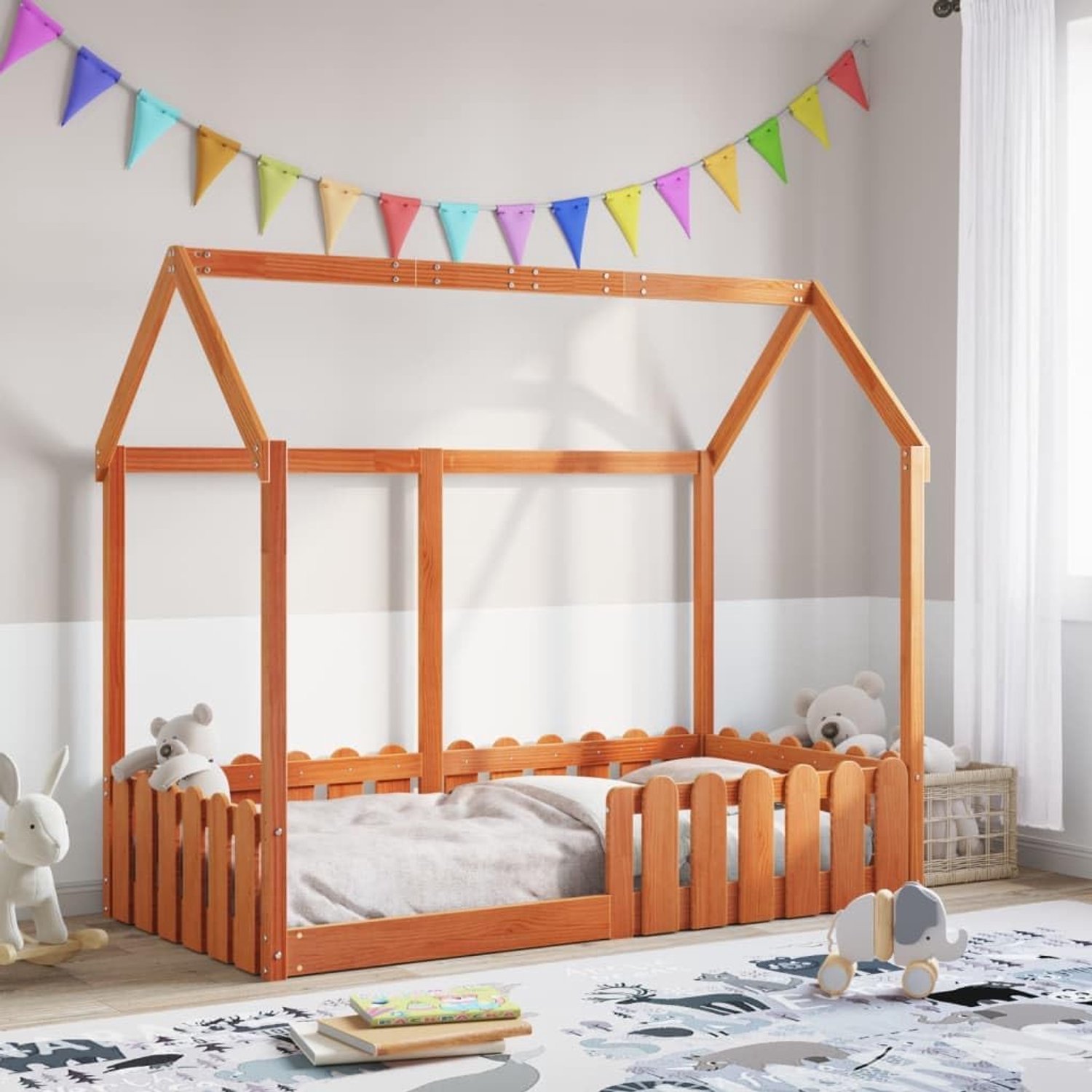 Massief grenenhouten bedframe huisontwerp laag vloerbed 80x160 cm wasbruin