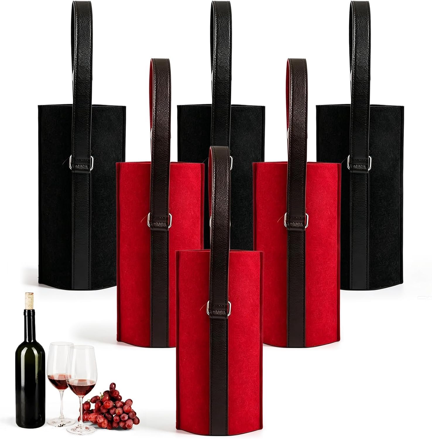 6 stuks geschenkzakjes, wijntas, flessendrager, vilt, 25 x 14,5 cm, wijnfleszakken, wijnflesverpakking, vilten wijnzakken voor feestjes, picknicks, reizen, zwart en rood
