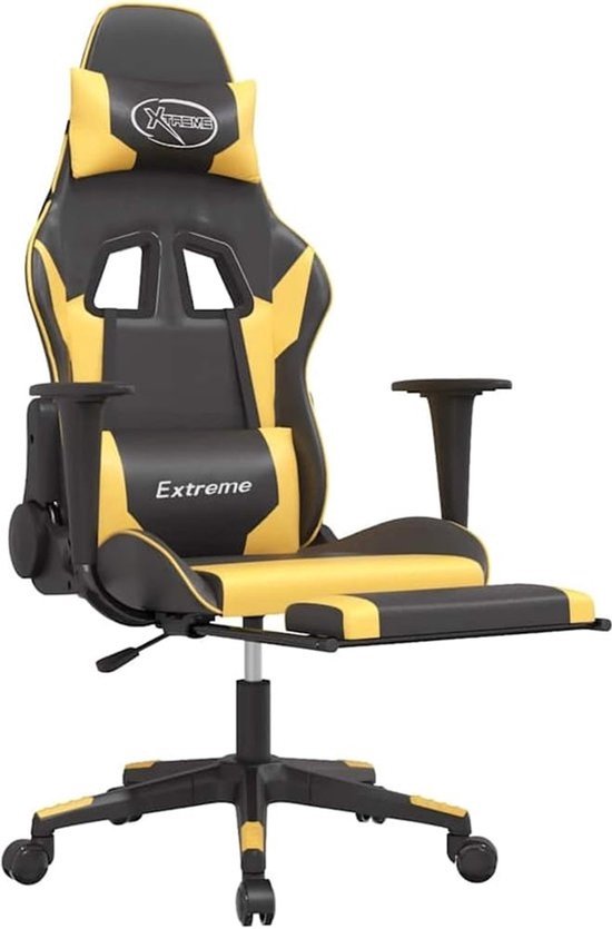 Gamingstoel met massagefunctie en voetensteun - Verstelbare rugleuning - 360 graden rotatie - Kunstleer - Zwart/goud — afbeelding 2
