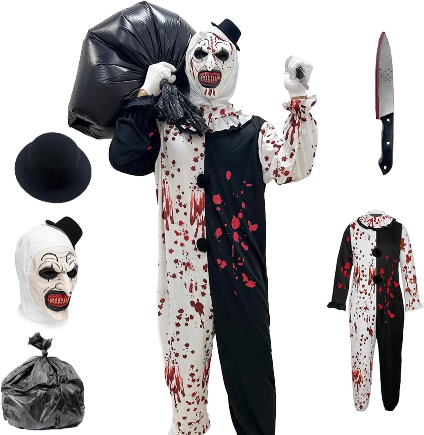 Clownskostuum, Art The clownkostuum, clownskostuum, met latexmasker, plastic dolk en tas, ideaal voor Halloween, carnaval, cosplay