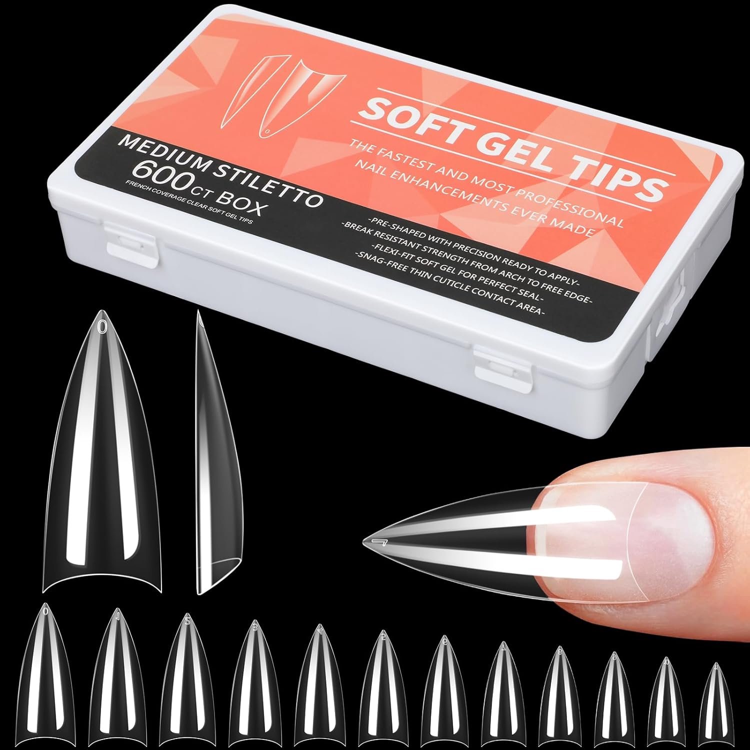 Stiletto Halfbedekkende Nageltips, 600 Stuks Duidelijke Zachte Gel Nageltips, 12 Maten Nep Nagelverlenging Tips, Manicure Salon, DIY