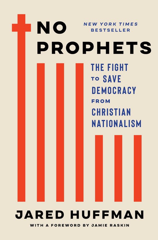 Couverture du livre 'No Prophets' par Jared Huffman, avec une croix rouge stylisée en drapeau américain.