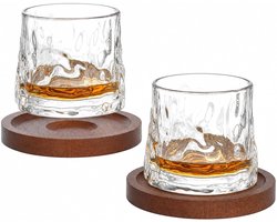 Set van 2 Rotatable Whisky Glazen van 180ml met Coasters, Perfect voor Whisky, Rum en Cognac, Ideaal Cadeau voor Mannen