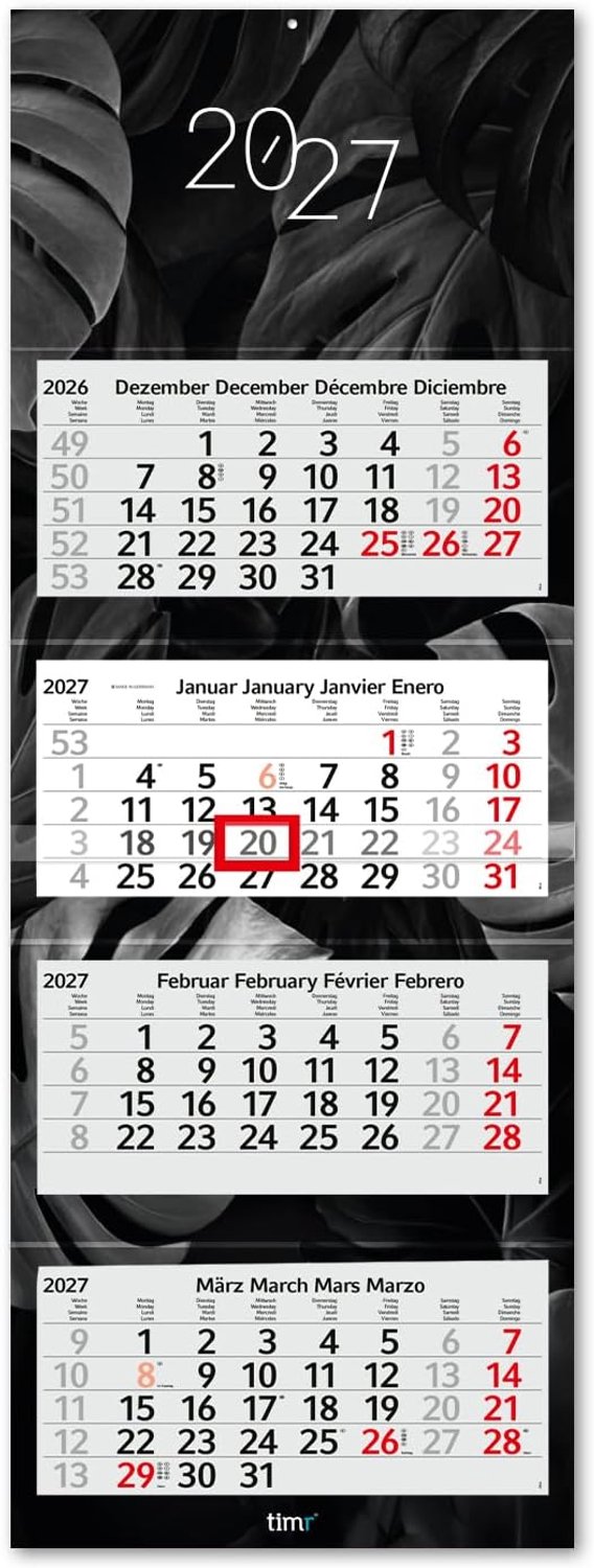 Kalender 4 maanden 2027 - zwart ontwerp - sfeervolle kerstafbeelding - decoratief voor op kantoor - Vemera