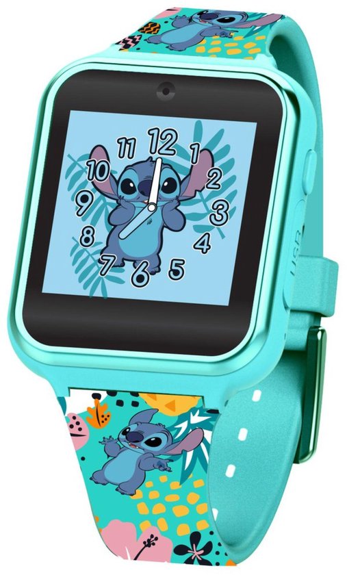 Lichtblauw Disney Stitch smart horloge met gekleurde bloemenprint op de band en Stitch op de wijzerplaat.