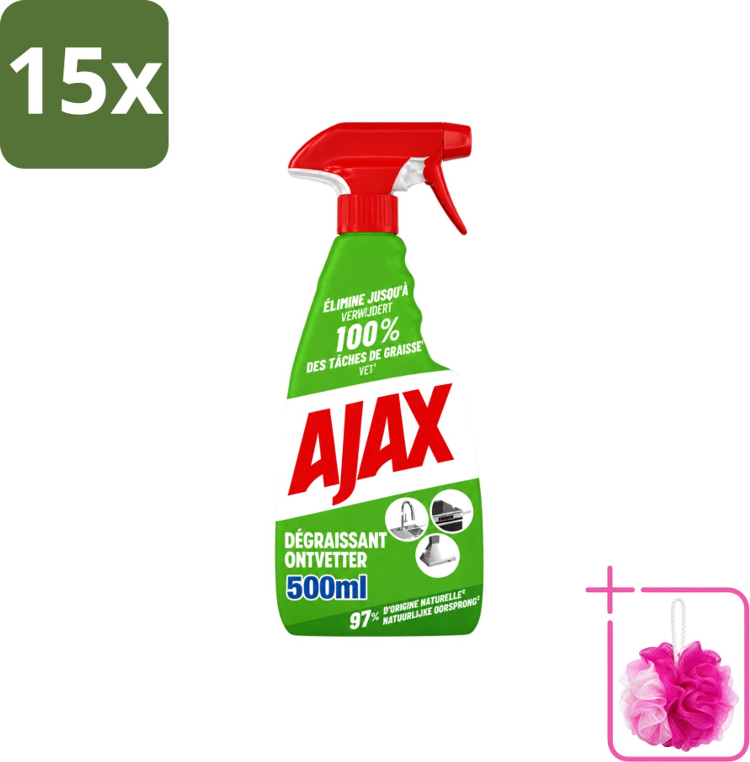 15 x Ajax – Ontvetter Spray – 500 ml - Bulkverpakking - Ajax ontvetter - Douchemop - Ontvetter spray 500 ml