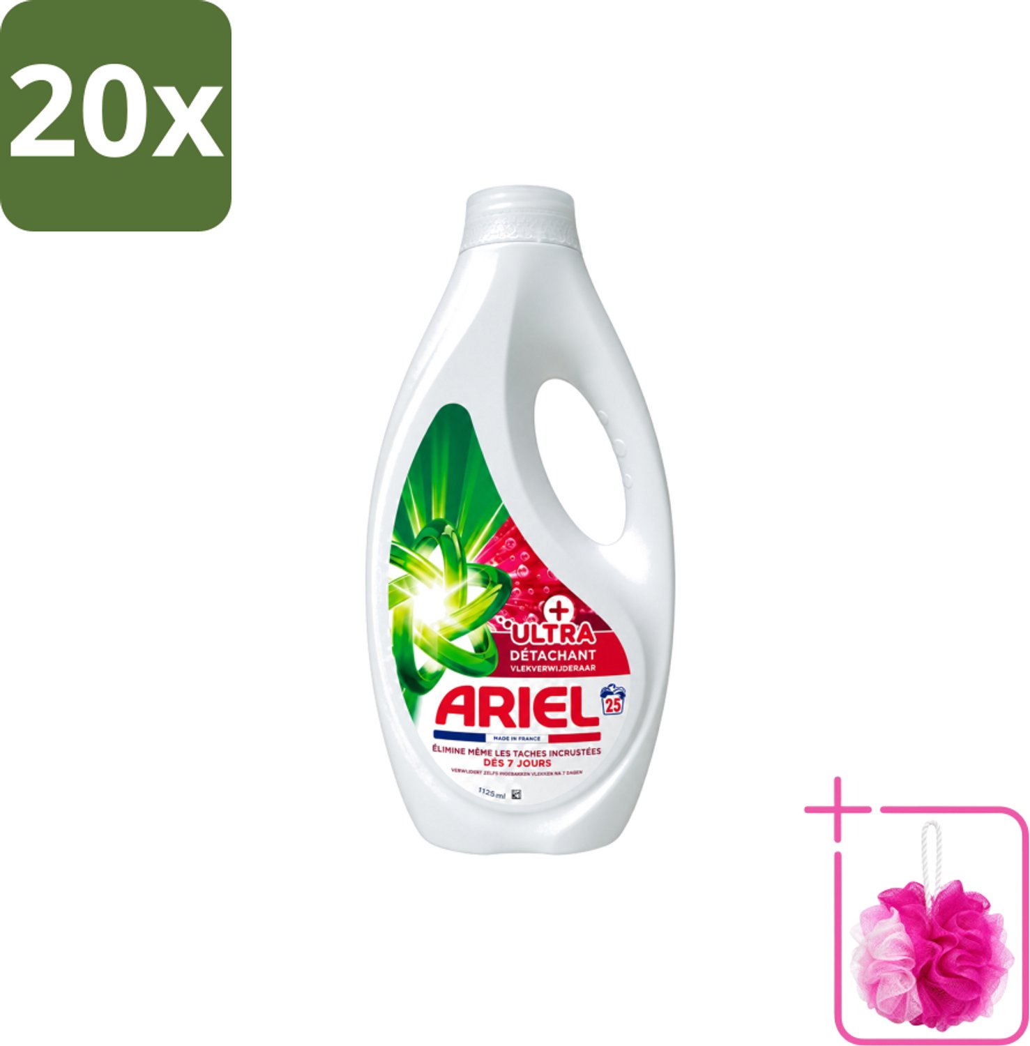 20 x Ariel – Vloeibaar Wasmiddel – Ultra Vlekverwijderaar – 1125 ml – 25 wasbeurten - Bulkverpakking - Vlekverwijderaar - Douchemop - Wasmiddel
