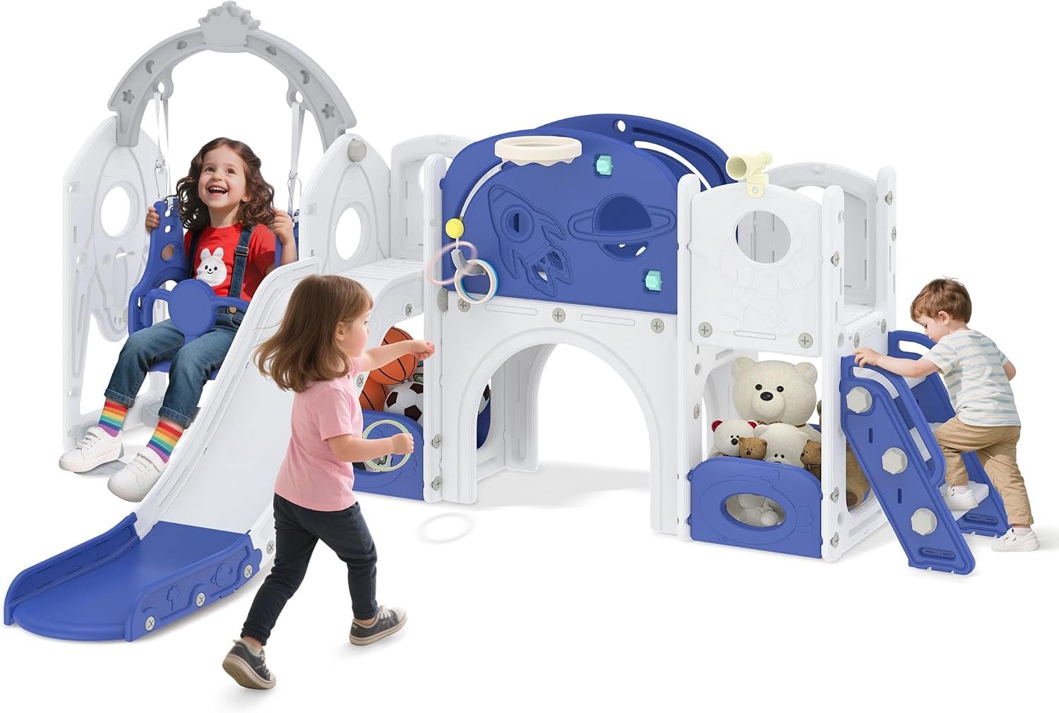 9-in-1 glijbaan voor kinderen jaar, voor binnen en buiten, vrijstaande glijbaan, van polyethyleen met hoge dichtheid en polypropyleen, met schommel, klimladder, tunnel