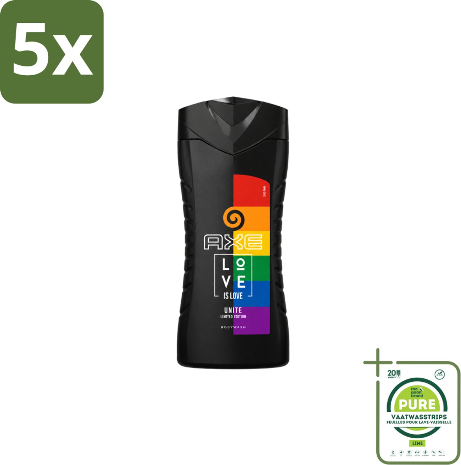 5 x AXE – Bodywash – Unite Love Is Love – 250 ml - Grootverpakking - Vaatwasstrips - Douchegel - Africa - Frisheid - Schuim - Reiniging