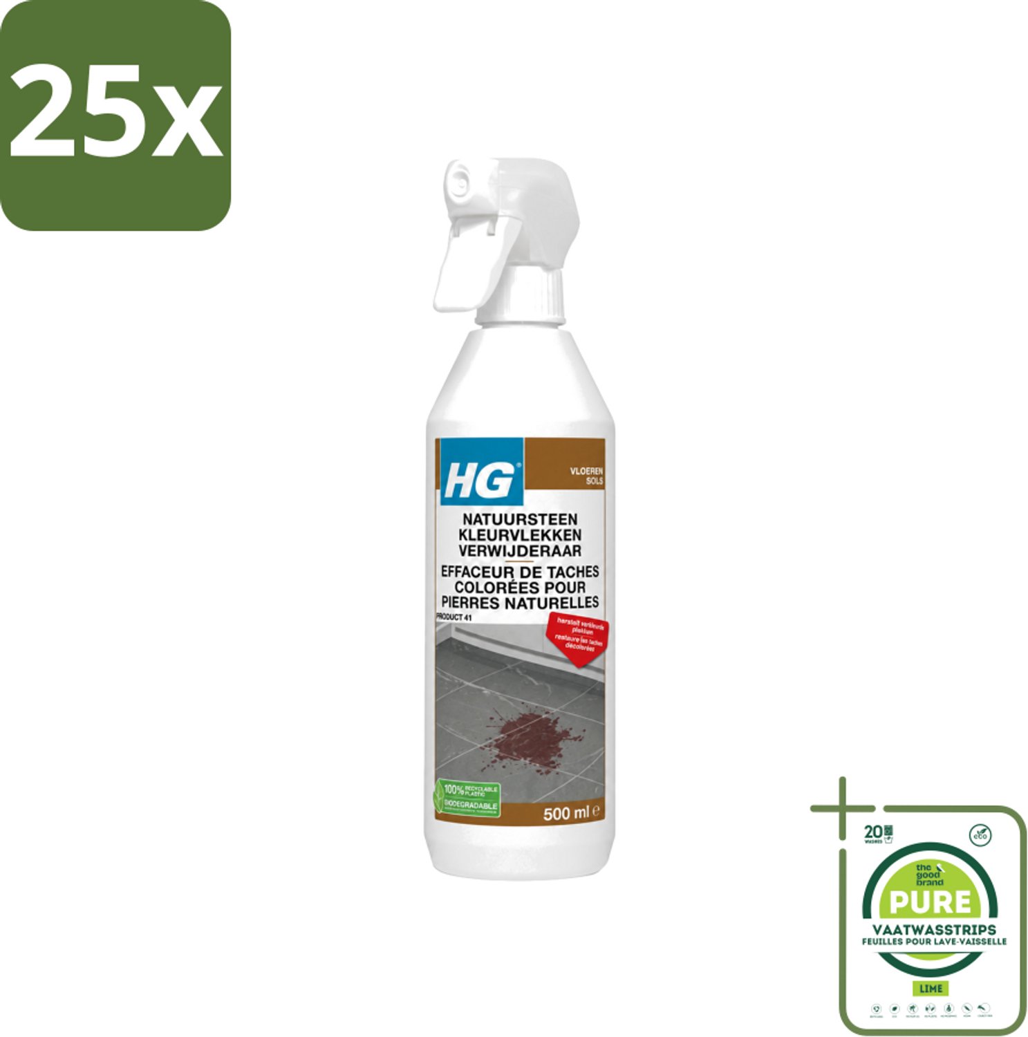 25 x HG - Natuursteen Kleurvlekken Verwijderaar - Hersteld Verkleurde Plekken - 500 ml - Grootverpakking - Vaatwasstrips - Natuursteen Vlekkenverwijderaar - Vlekken Verwijderen - Marmer Vlekken - Natuursteen Reinigen - Kleur Herstellen