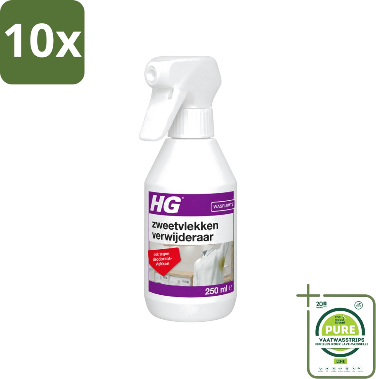 10 x HG - Wasruimte - Zweetvlekkenverwijderaar - Tegen Deodorantvlekken - 250 ml - Grootverpakking - Vaatwasstrips - Zweetvlekken Verwijderen - Gele Vlekken Verwijderen - Deodorantvlekken Verwijderen - Textiel Reinigen - Wasmiddel Voor Vlekken