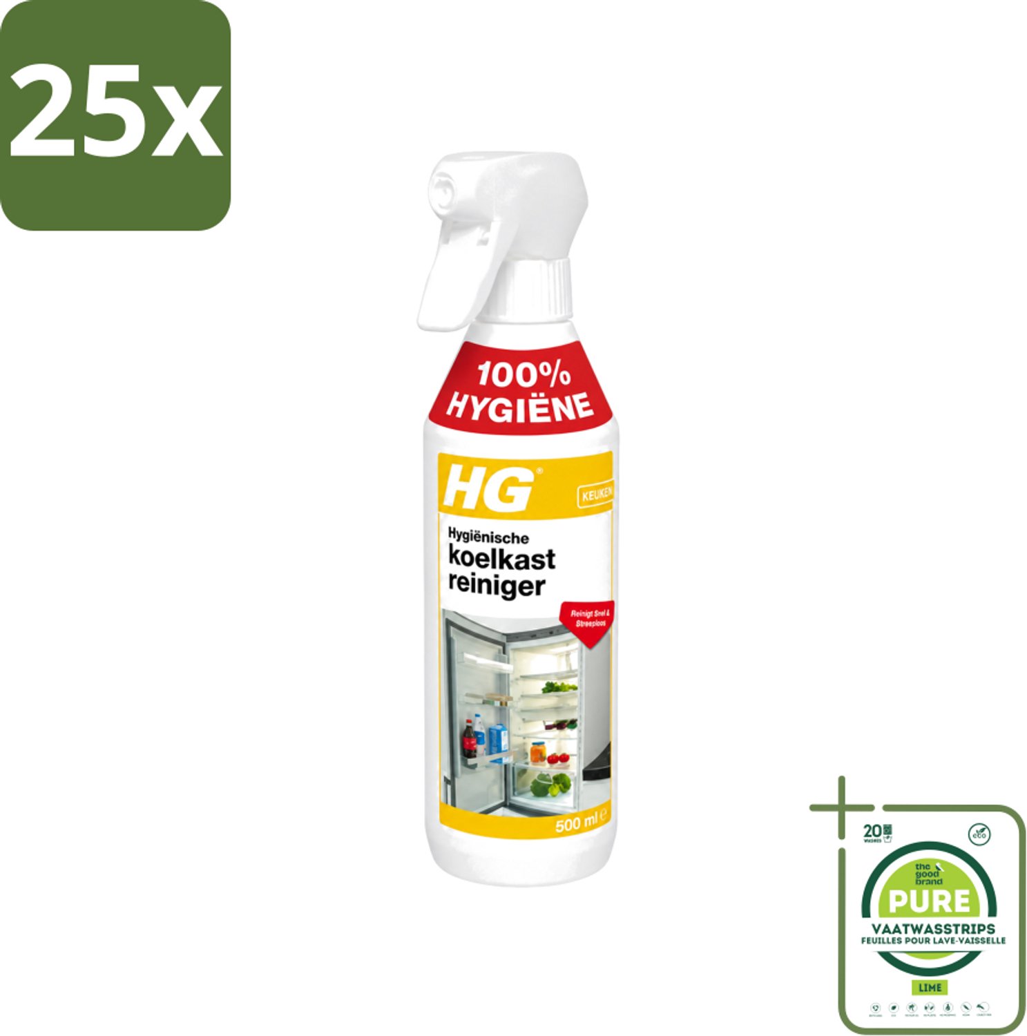 25 x HG - Hygiënische Koelkastreiniger - Reinigt Snel & Streeploos - 500 ml - Grootverpakking - Vaatwasstrips - Koelkast Reinigen - Koelkast Reinigingsmiddel - Hygiënische Koelkastreiniger - Koelkast Reinigen Zonder Afspoelen - Koelkast Reinigen Snel