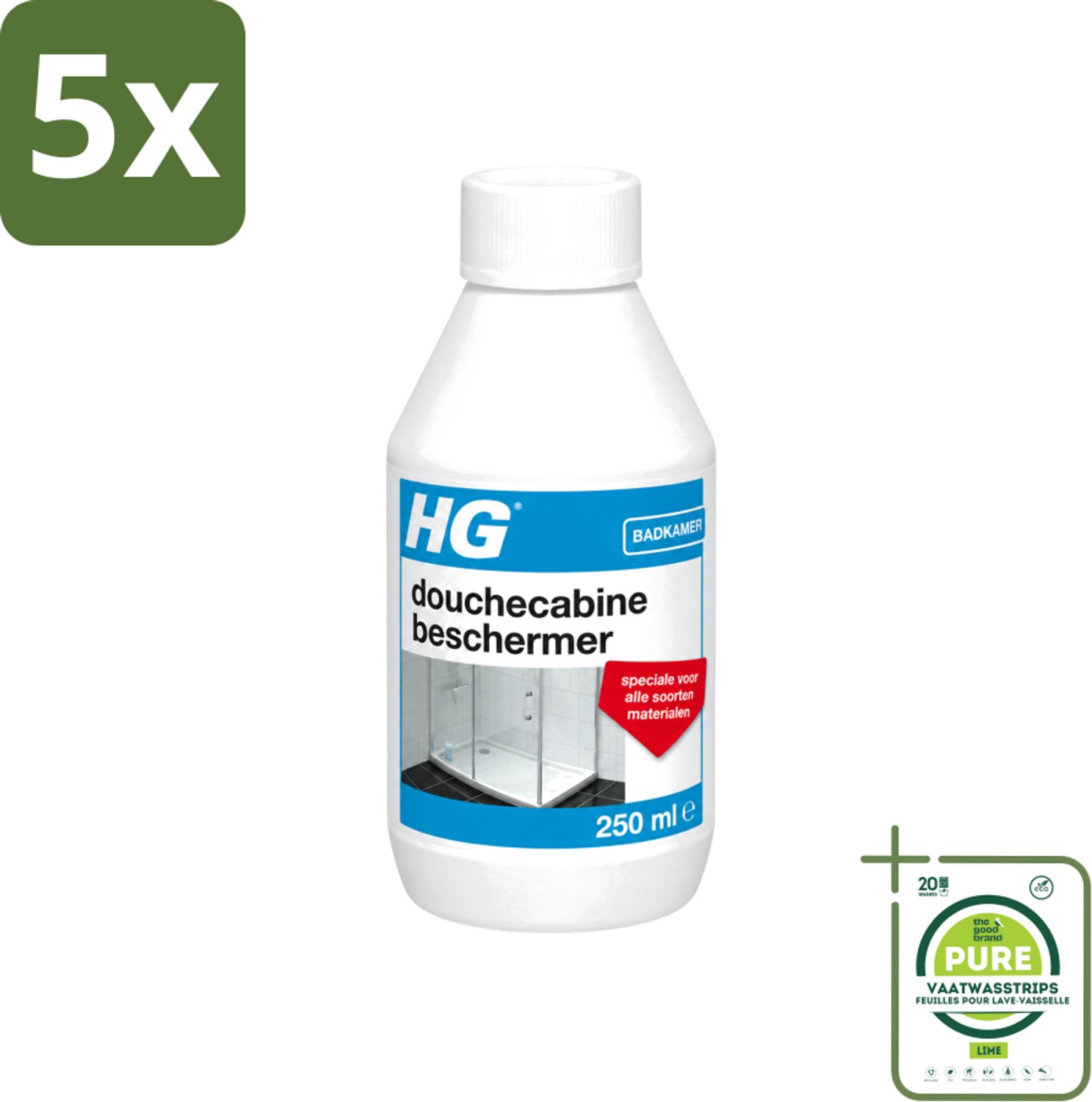 5 x HG - Badkamer - Douchecabine Beschermer - Voor Elk Materiaal - 250 ml - Grootverpakking - Vaatwasstrips - Douchecabine Beschermer - Kalkaanslag Bestrijden - Vuilafstotend - Waterafstotend - Badkamer Schoonhouden
